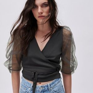 Zara Gray Organza Sleeves Knit Wrap Top